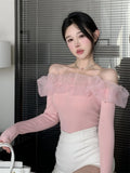 Neck T Shirts Girls Patched Beading Ruffles Stretch Tshirt Top Women Spring Summer Slim Tees-Outfit
