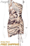 Tie Dye Print Hollow Out Single Shoulder Mini Dress Drawstring Ruched Lace Up Bodycon Sexy Streetwear 2023 Summer