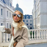 Vintage Brown Woolen Double Breasted Coat Women's V-Neck Thickened Warm Coat-Outfit