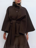 Fongt Women's Autumn And Winter New Fashion Pure Color Cape Collar Collar Belt Wind Coat