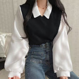 Polo Collar Patchwork Long Sleeve Blouse-Outfit
