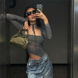 Top Long Sleeve T Shirt Women Crop Top Square Neck T-shirts Summer Clothing Solid Streetwear Tops Tees See Through Mesh