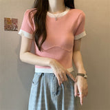 Fongt Clamming Color Splicing T-Shirts For Women's New Summer Fashion Slimming Thin-Sleeved Ice Silk Short-Sleeved Top