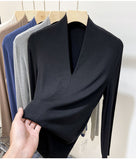 Fongt Temperament Goddess 2024 Autumn New Good Version V Collar Short Sleeve Female Slim Slim Elastic Cotton Black T-Shirt-Outfit
