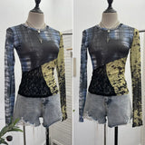 Pictsey Tat Yarn Print Bottom Blouse Spliced Lace Long-Sleeved T-Shirt