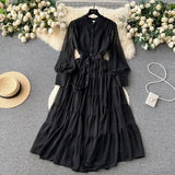 Fongt New V-Neck Single-Drenchee Chiffon French Retro Dress Thin A-Character Long Dress Women's Bubble Cuff
