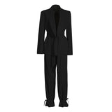 Casual Pink Trouser Suits Female Notched Long Sleeve Korean Slim Blazer High Waist Wide Leg Pants Women's Suit