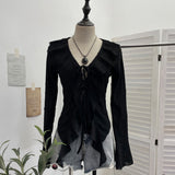 Dark Wind To Make Old Hole Horn Long Sleeve Open Shirt Tie With Lotus Leaf Side V Collar Sunscreen Shirt