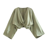Women Fashion Cross Kink Cutwork Crop Blouses Vintage Short Ruffled Sleeves Wrap Female Shirts And Split Lantern