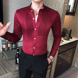 Tuxedo Shirts Front Pleated Small Stand Collar Solid Long Sleeve Blouse Male Gentleman Party Wedding Dress Slim Fit