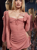 2022 Spring Elegant Cut Out Halter Bodycon Mini Dress Women Sexy Flare Long Sleeve Drawstring Backless Party