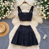 Fongt Girls Hollow Embroidery Suit Female Sling With Short Waist Vest + High-Waist A-Word Skirt Sexy Two