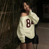 Number Printed One Shoulder Loose Sweatshirt-Outfit