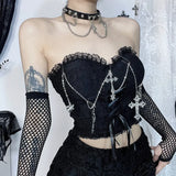 Gothic Cross Chain Brace Strap Irregular Rose Textured Lace Skirt Hierarchical Halter Skirt-Outfit