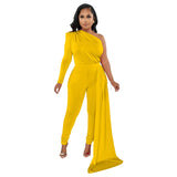 Fashion Women's Solid Color Diagonal Shoulder Cape One Shoulder Long Sleeve Trousers Jumpsuit-Outfit