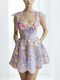 Spring 2025 New Fashion Fresh Embroidery Flower Splicing Tie High-End Slinging Short Dress