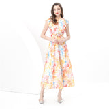 Fongt Court Style Print Flying Sleeve Dress Women's Summer Net Yarn Hollow Hook Design Light Luxury Temperament Dress