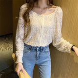 Style Elegant Lace Blouse Shirt Women Spring Square Collar Long Sleeve Hollow Out Floral Feminine Blouses Tops