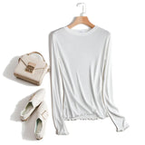Women Ruffles Long Sleeve T Shirt Spring Autumn Slim Fit Casual Tshirt Female Basic Solid Elastic See-through Tee Y2k Streetwear-Outfit