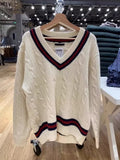 Women Loose Striped V-Neck Sweaters 2023 Autumn Fashion Long Sleeve Knit Pullover Chic Female Oversize Knitwears-Outfit