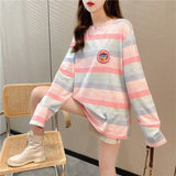 oversized T shirt 2021 autumn Women pink t-shirts korean style rainbow stripe Patchwork embroidery Long Sleeve