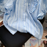 Sweet Blue Plaid Shirts Women Summer Vintage Puff Sleeve Ruffles Blouses Y2k Grunge Single Breasted Blusas Mujer-Outfit