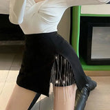 Black Side Split Rhinestone Fringe Mini Skirt-Outfit