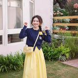 Fongt Style Blue Embroidered Long-Sleeved Knitted Cardigan Women Early Spring Wool Sweater Short Thin Inside Cloth