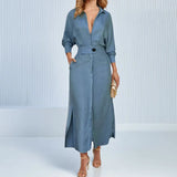 Fongt 2024 New Temperament Female Commuter Belt Solid Color Waist Long Sleeve Irregular Shirt Dress