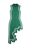 Asymmetrical Wavy Hem Round Collar Knit Midi Dress-Outfit