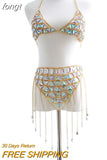 Big Gems Hollow Out Two Piece Set Women Halter Crop Top Long Tassels Mini Skirts 2 Pcs Matching Sets Rave Festival