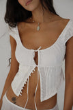 Short Sleeve Buttoned Lace Top-Outfit