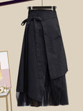 Women Summer Two Pieces Set Korean Casual Backless Bow Bandage Short Sleeve Tops + Irregular Mesh Patchwork Skirt Sets For