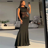 Black Mesh Spliced Design Short Sleeve Maxi Dress-Outfit