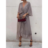 Fongt New Women's Solid Color With Long Skirt Bat Sleeve Irregular Dress Large