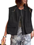 Fongt New Sleeveless Pocket Loose Vest Zipper Coat Woman