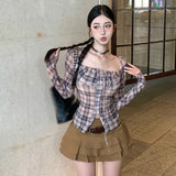 Women's Blouse Square Neck Plaid Slim Sexy Fashion Versatile Long Sleeves-Outfit