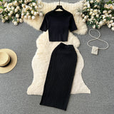 Fongt Hot Girl Suit Female Summer Korean Version Round Collar Knit Short Sleeve Short Jacket High Purse Hip Skirt Two Sets-Outfit