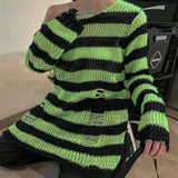 Fongt Version Of The Hollow Hole In The Long Sweater Female Lovers Stripes Loose Color Dark Versatile Knit Niche-Outfit