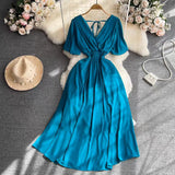 Fongt Summer New Temperament V-Neck Elasticity To Collect The Waist Of The Long Seaside Vacation Beach Chiffon Dress Woman