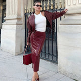Bodycon PU Leather Zipper Split Midi Skirt-Outfit