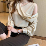 Slim Women Off-Shoulder Long Sleeve Chiffon Blouse Autumn 2023 Elegant Satin shirt Solid OL Tops Chemisier Femme