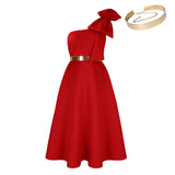Fongt Large-Size Women's Summer New Fashion Slanted Shoulder Bow Banquet Dress African Dress