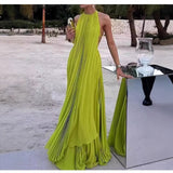 Fongt Women's New Women's Clothing Solid Color Round Neckless Sleeve Sexny Beach Long Dress 8099