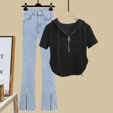 Fongt Slim Hot Girl Top With A Two-Piece Set With Slit Jeans-Outfit