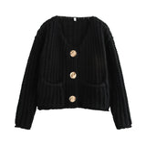 Fongt Women's Solid Color Single Buckle Double Pocket Short Thick Knit Shirt Coat Top B66004