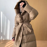 90 White Duck Down Long Down Jacket Female 2023 Winter New Thickened High-End Waist Show Thin Over The Knee Coat Hot Style-Outfit