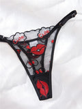 Black Lips Embroidery Sheer Lingerie Set-Outfit