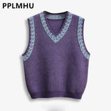 Purple Sleeveless Knit Pullover For Women Casual Loose Printed V-neck Korean Sweaters Vests Preppy Knitwear