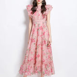 Fongt Elegant Dress 2025 New Retro Lace To Receive Waist Temperament Print Lotus Leaf Side Long Dress Woman
